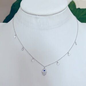 Sterling Silver Chamsa Necklace with 6 dangling CZ Stones 16” to 18” inch chain